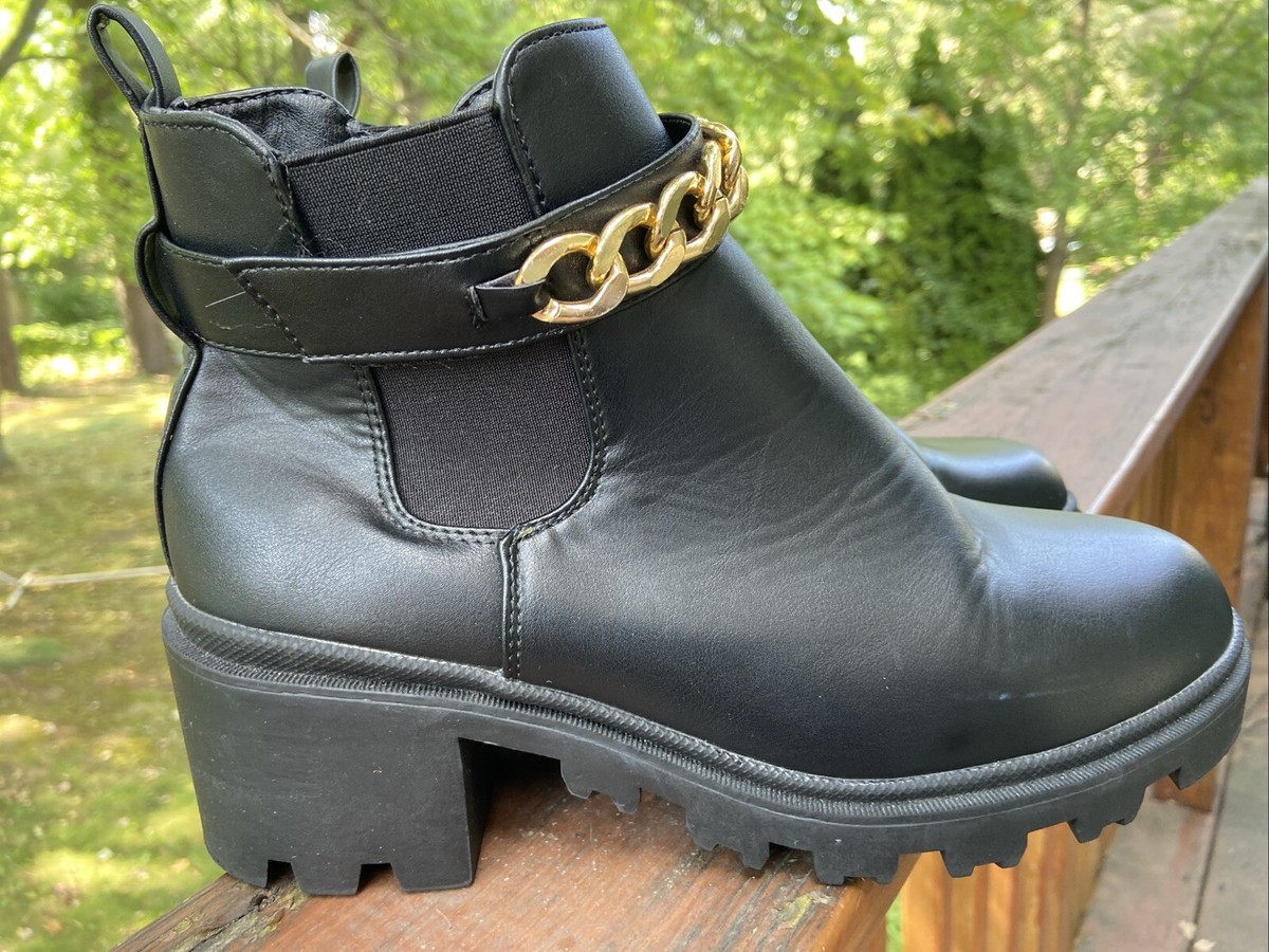Catherine Malandrino Black Ankle Boots With Gold Chain Accent- Size 10