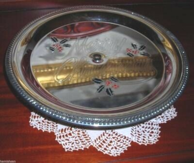 Merry Christmas Silver Plate Cake Pie Cupcake Stand Dish Serving Tray NEW