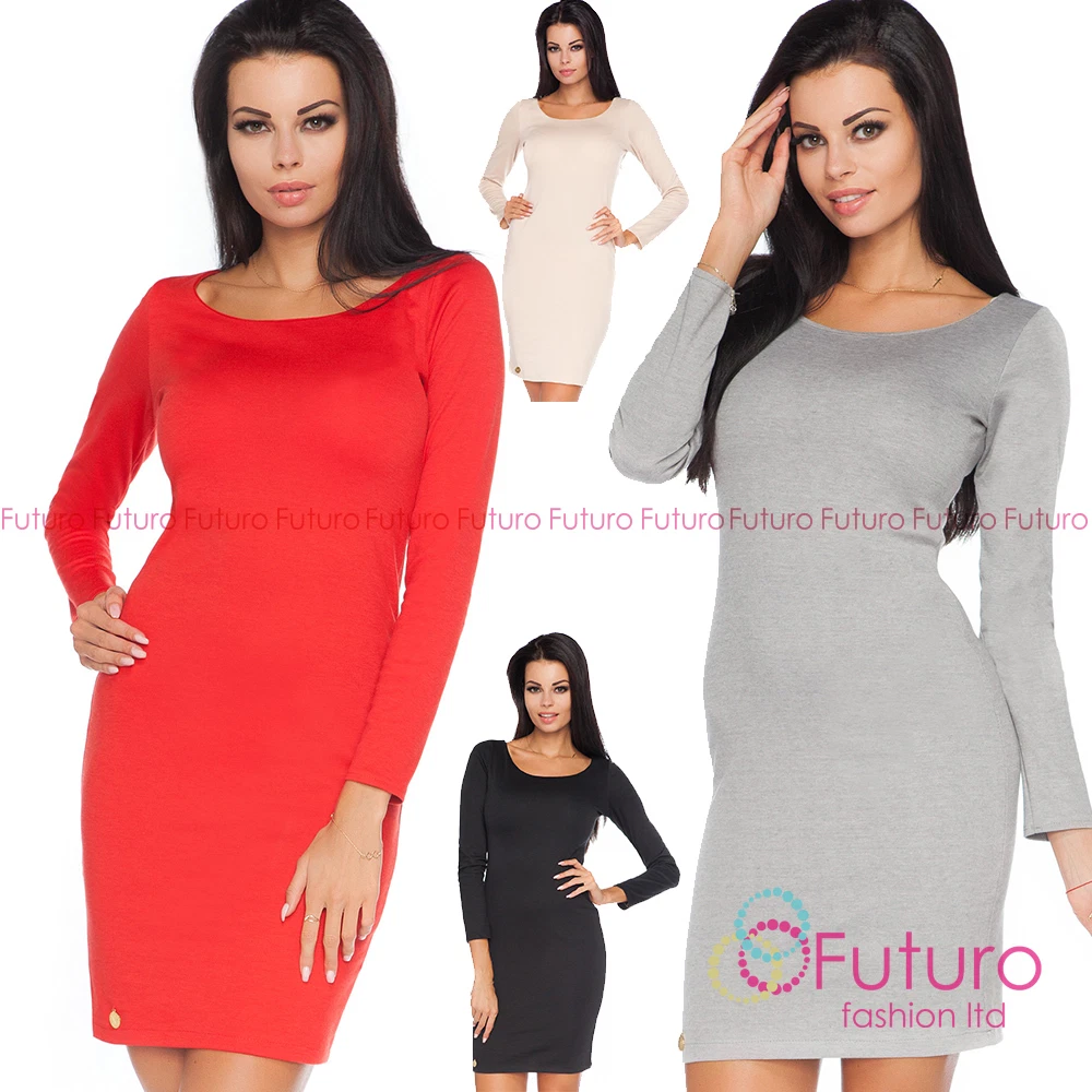 Womens Plain Bodycon Fitted Mini Dress Boat Neck Long Sleeve Sizes