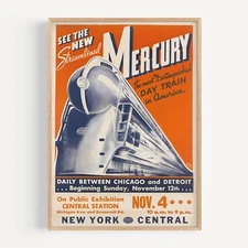 New York Central Streamlined Mercury 1939 Retro Vintage Train Poster Print