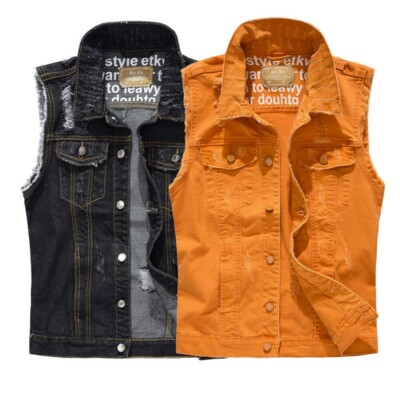 Herren Zerrissen Ärmellose Jacke Denim Weste Jeans Weste Distressed