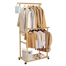 Rolling Clothes Rack with Double-Rod Wooden Garment Stand Commercial Display