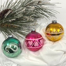 3 Vintage Glass Christmas Ornaments Pink Heart Green Swirl Gold USA Made