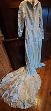 Vintage 1940s Ivory Satin Long Sleeve Wedding Dress W/Satin Buttons Headpiece
