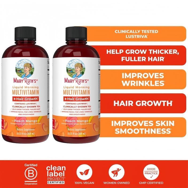 Liquid Morning Multivitamin + Hair Growth, Peach Mango, 15.22 fl oz (450 ml)