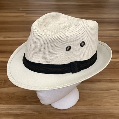 Gonzalez Stiff Woven Wicker Brimmed Fedora Band Logo Hat Large White Mexico