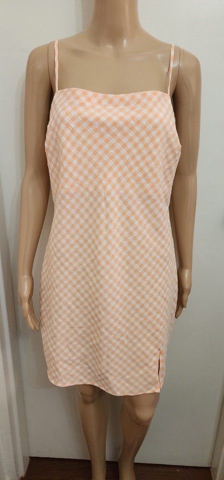 Cotton On Mini Slip Dress Size Medium Sleeveless Check Peach White 90s Style 