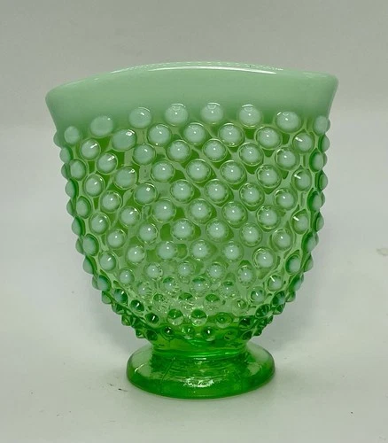 Vintage Fenton Topaz Uranium Vaseline Opalescent Glass Hobnail Fan Vase