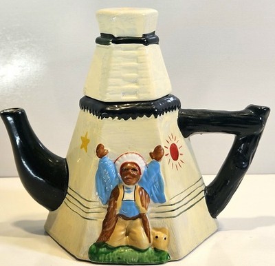 Vintage Ceramic Folk Art Teapot Raised Figure Country Kitchen Teapot 6''