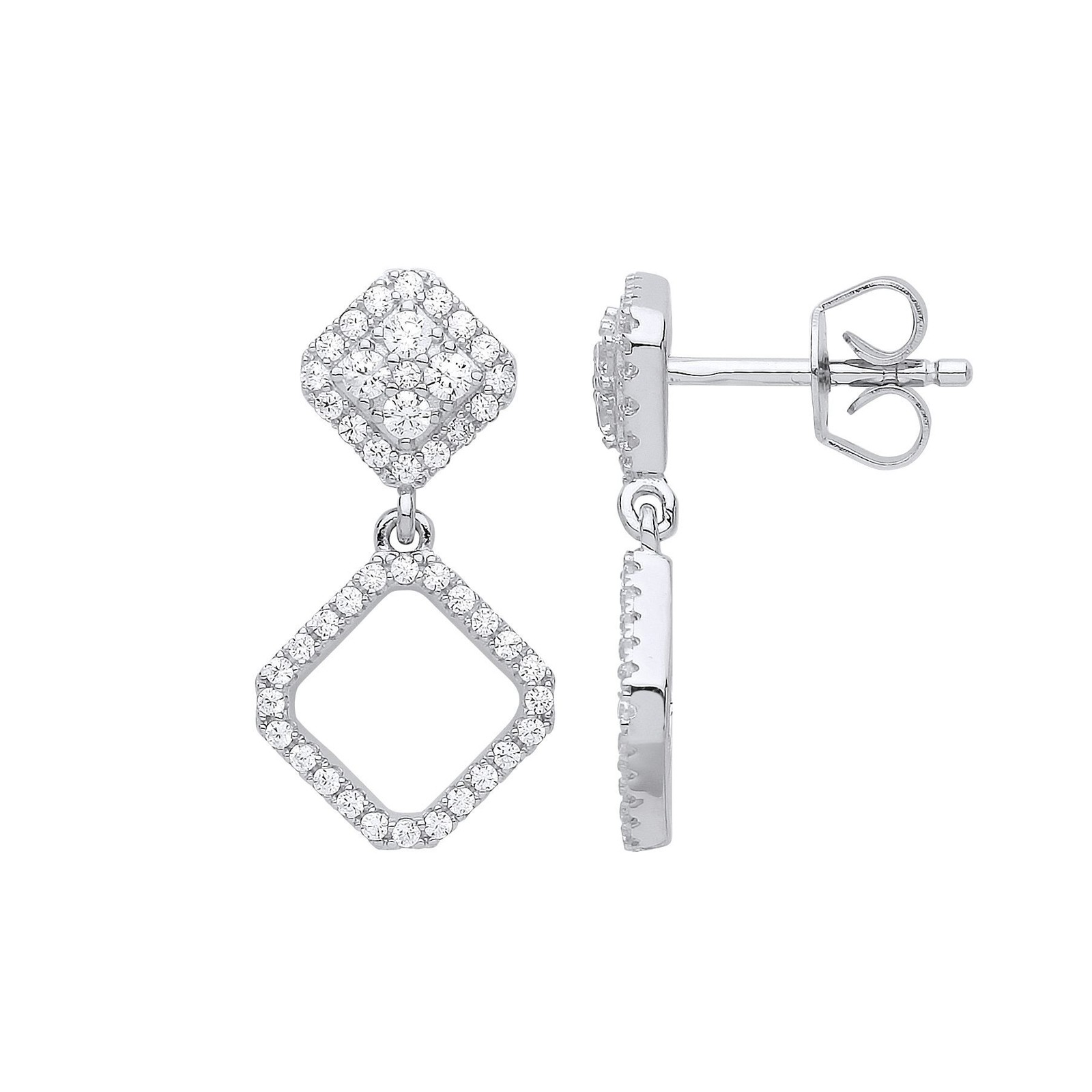 Silver Jewelco London CZ Square Halo Cluster Drop Earrings