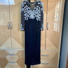 Laurence Kazar Silk Evening Gown Dress Beaded Sequins Size Small Mesh Sleeve VTG
