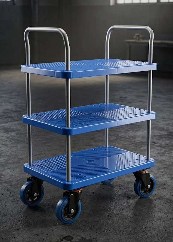 3 tier platform trolley handtruck pushcart with steel frame, blue plastic platforms and 4 inch PU wheels