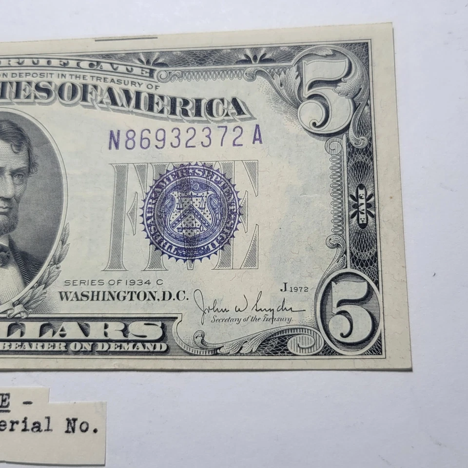 1934 C Silver Certificate $5 Dollar Note ~ Obstructed Print ERROR Serial# ~ChUnc - Image 4 of 4