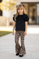 Leopard Print Flare Trousers Three Piece Set, Lace Blouse With Hair Clips
