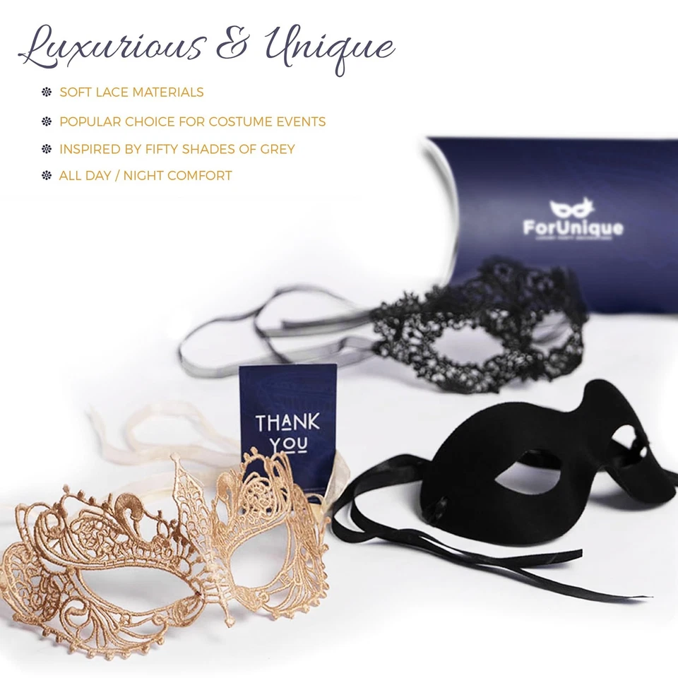 Masquerade Masks for Couples – 3 Pack Gold & Black Venetian Style Lace Mask f... - Image 3 of 4