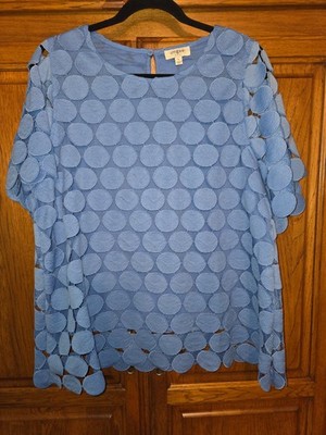 UMGEE Blue Crochet Cut Out Top Lg Cotton-Lined Short Sleeve Boho Polka Dot NWOT