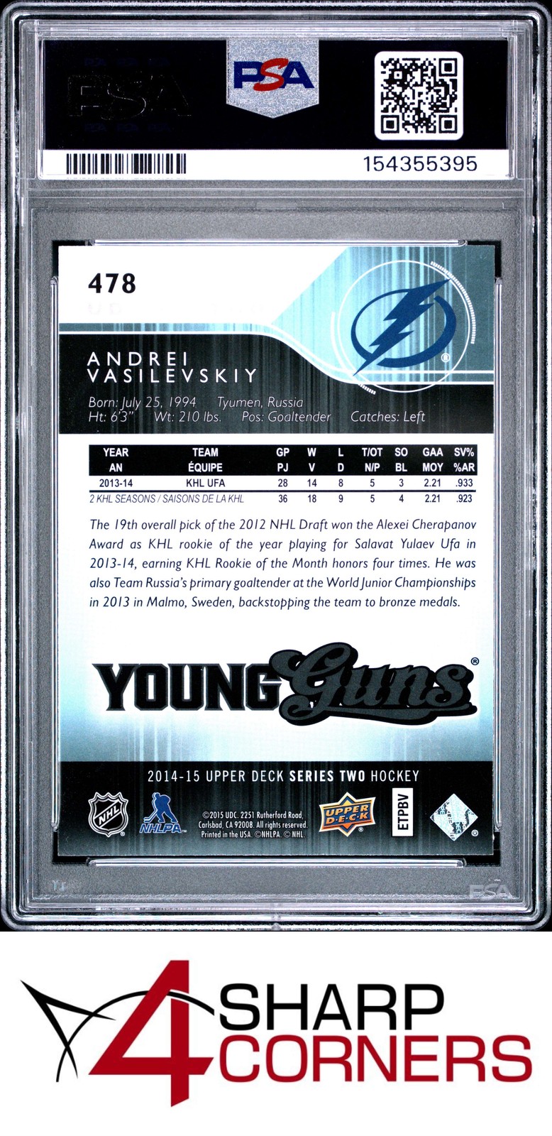 2014 UPPER DECK #478 ANDREI VASILEVSKIY RC YOUNG GUNS PSA 10 view 2