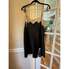 Victorias Secret Angels Black Satin Pink Lace Trim Slip Dress Nightie Large