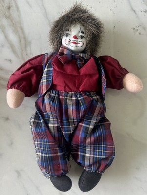 Vintage Porcelain Face Clown Doll Beanbag Seated Plush Plaid Outfit