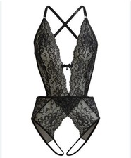 NWT COQUETTE Lace Open Gusset Teddy Bodysuit In Black One Size