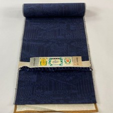Unused Japanese Pure Silk Kimono Fabric Bolt Navy Floral Tsumugi