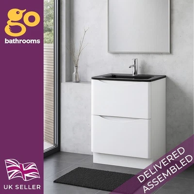 THE BATH PEOPLE White Floor Standing Vanity Unit With Grey Glass Basin Bathroom Cabinet 600mm