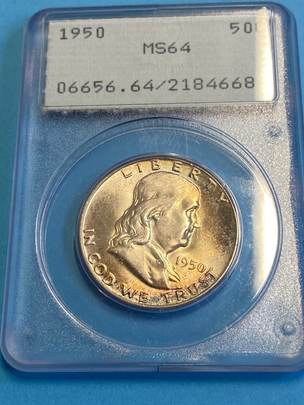 1950 Franklin Half Dollar PCGS MS64 Beautiful Toning Old Green Holder