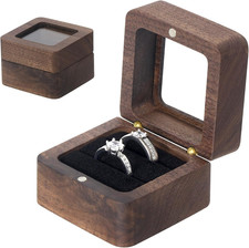 Wooden Ring Box, 2 Slots Small Square Solid Wood Double Ring Holder Case Box, Vi