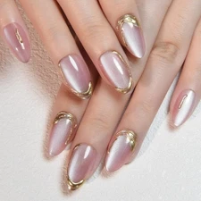 evpct Pink Cat Eye Press on Nails Short Almond with Gold Liner Design, Gold F...