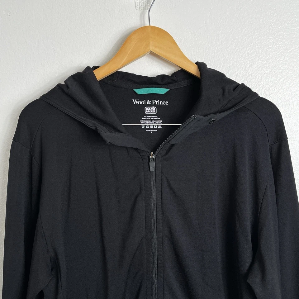 Wool & Prince Pack Hacker Merino Wool Hoodie Black L Travel Zip Up  - Image 4 of 4