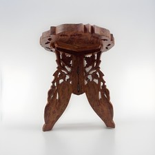 Vintage Carved Solid Wood Inlaid Plant Stand Foldable Stool Anglo-Indian