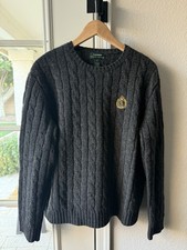 Ralph Lauren Lambswool Cable Knit Sweater XL Gray Vintage With Crest Emblem