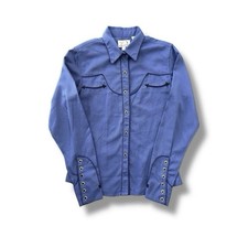 Vtg Panhandle Slim Pearl Snap Western Shirt Womens M Blue 70s Embroidered Retro