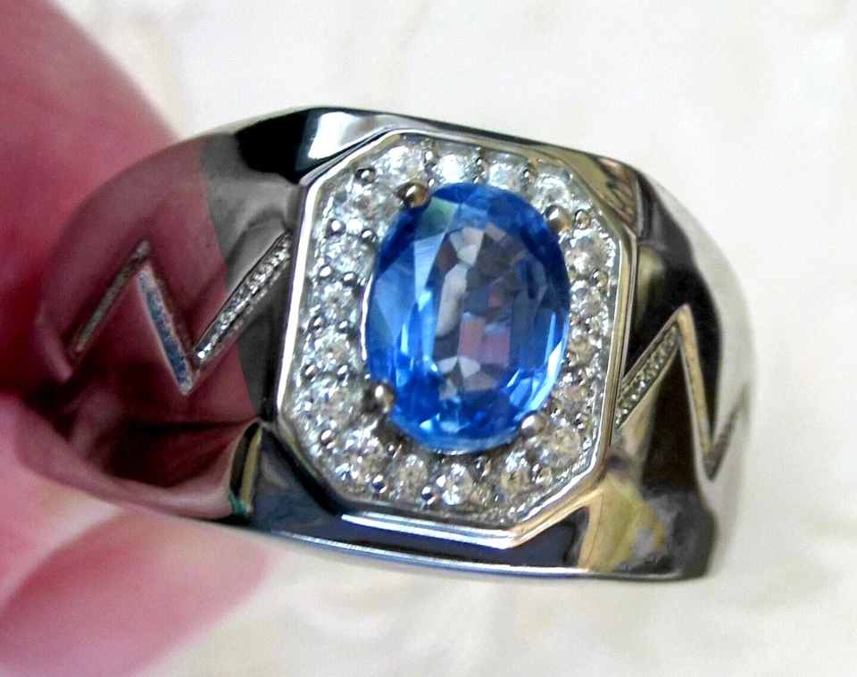 Anillo de cianita y circón blanco para hombre / talla 14 / plata de ley 925 / 1,85 quilates 9,9 g Foto 4 de 4