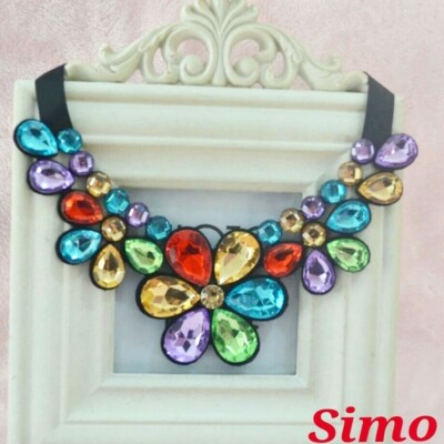WOMENS BLACK RHINESTONE RIBBON CREW NECK SHIRT COLLAR NECKLACE