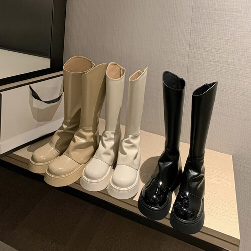 Women's 2022 Trendy Leather Round Toe Platform Knee High Knight Boots Shoes