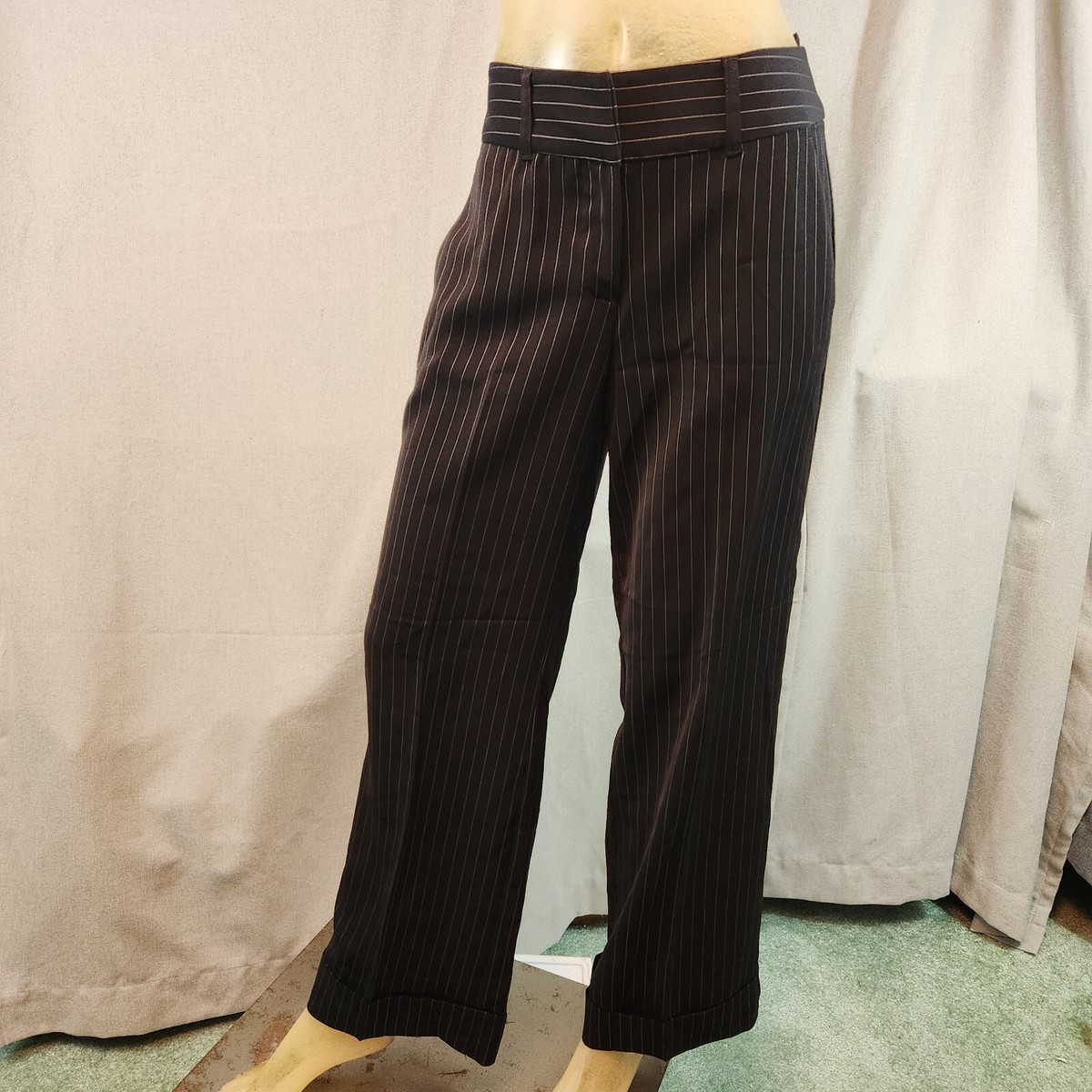 H&M Black w Silver Pinstripes Mid Rise Flat Front Dress Pant