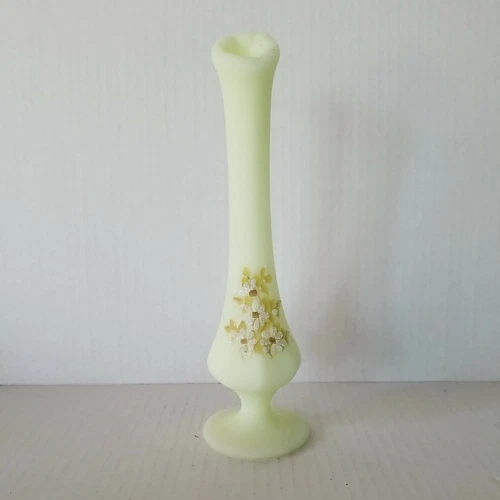 Fenton Swung Vase Art Glass Yellow Custard Satin Bud Hand Painted Floral Signed