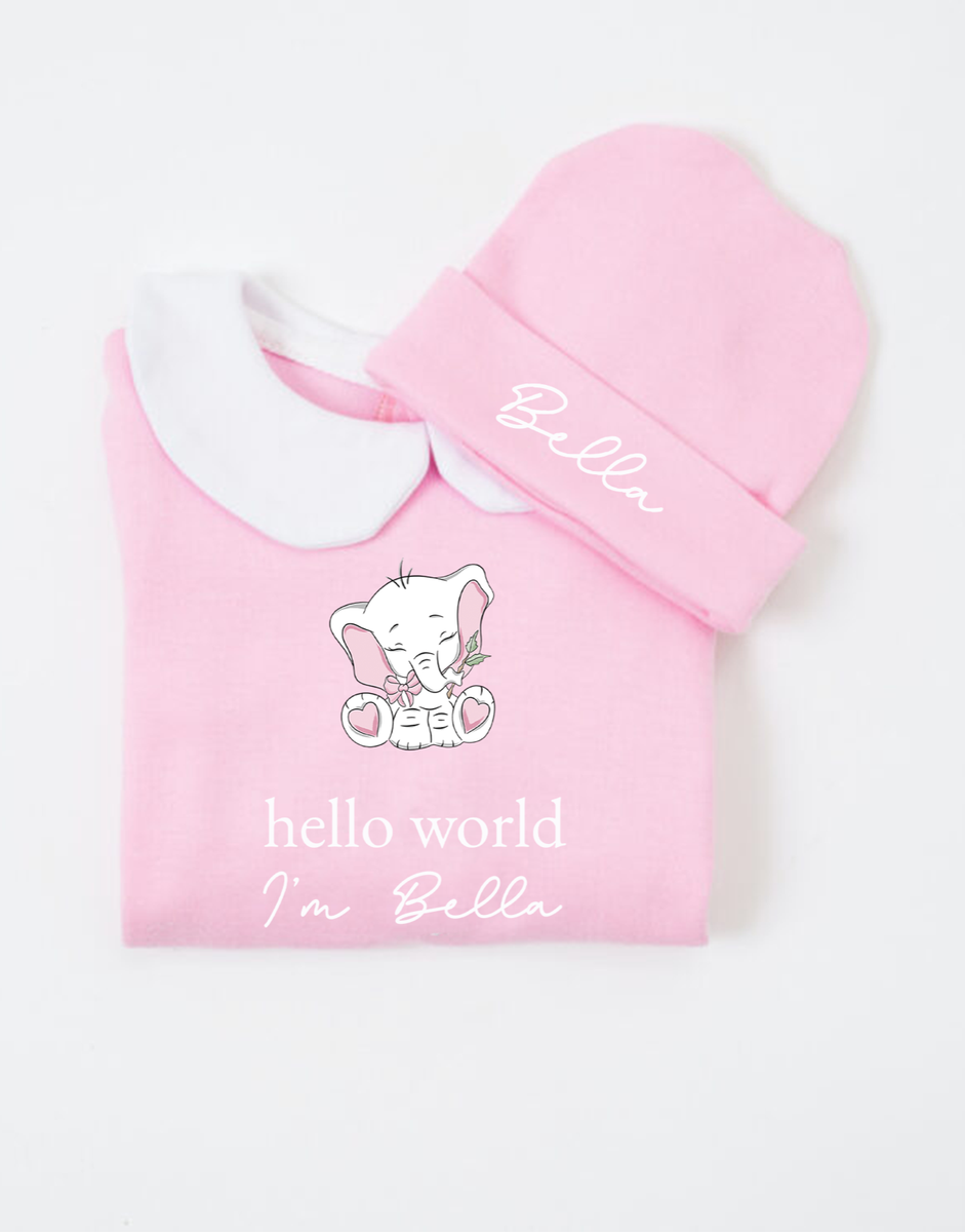 Personalised Hello World Babygrow Hat Sleepsuit Pink Collared baby