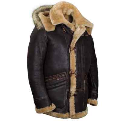 Men's Brown RAF B3 Shearling Fur Bomber Jacket Sheepskin Aviator Leather Jacket