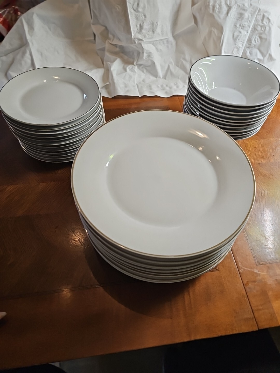 SILVER RIM  100% PORCELAIN CHINA 12 Dinner Plates 12 Salad Plates 11 Bowls
