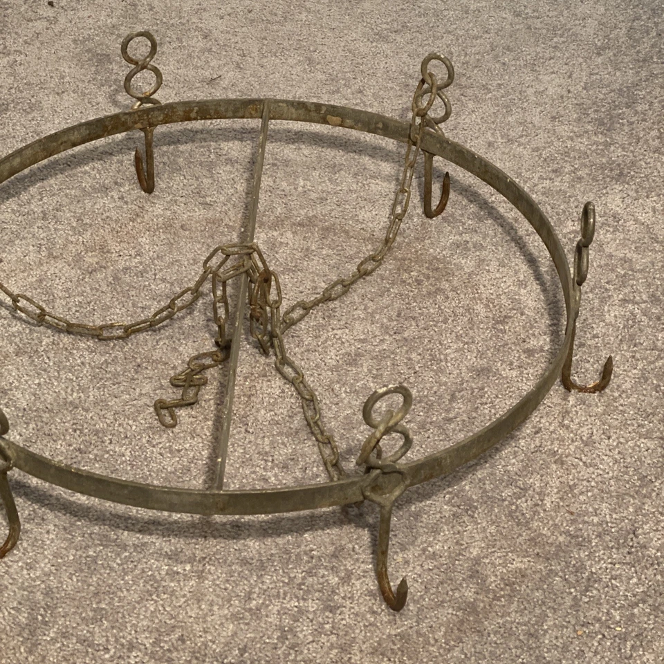 ANTIQUE FRENCH KITCHEN HOOKS WROUGHT IRON NICKEL PLATE POT RACK MEAT HOOK - Image 3 of 4