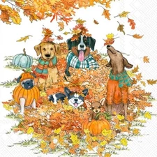 Decoupage Art Craft Napkin 5" x 5" Cocktail Size , Autumn Dogs, Puppy Trouble
