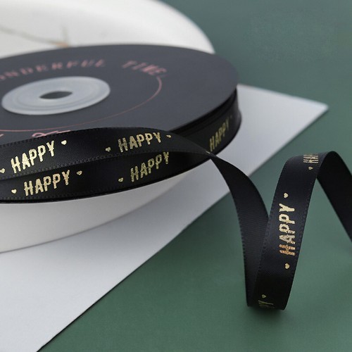 Solid Satin Ribbon Printed Gold " happy " - 2.5cm x 45M Reel - 13 Colors - Picture 6 of 15