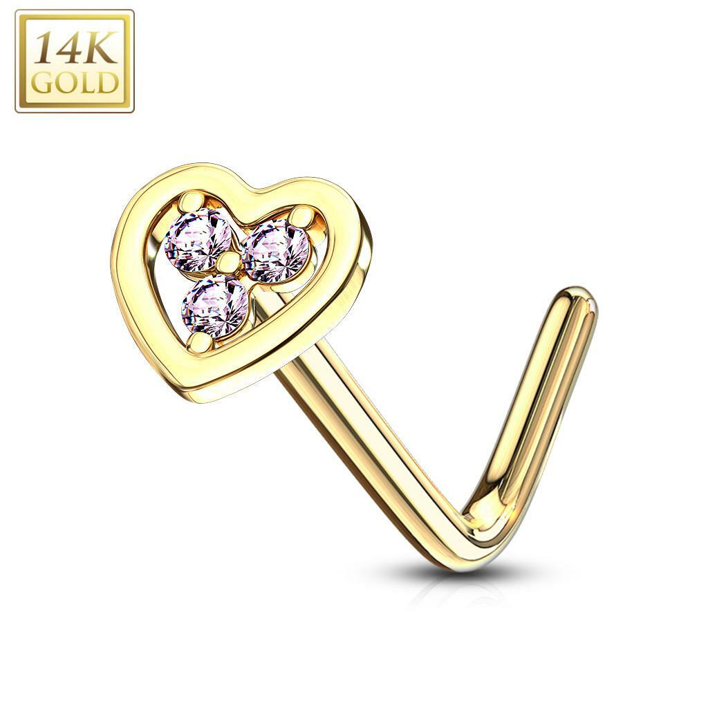 14k Gold 20 Gauge Nose Ring L Bend with Tri Stacked Round CZ Center Hollow Heart