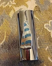 Vtg Southwestern Style Silvertone Metal + Turquoise Sail Boat Bic Lighter Cover