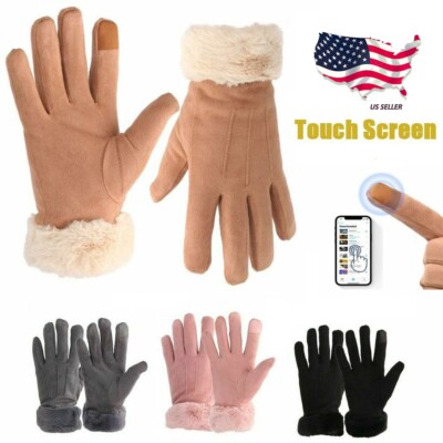 Women Sheepskin Classic Suede Leather Gloves Touch screen Shearling Fur Winter