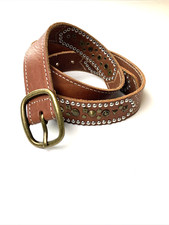 Gap Women  s Medium Belt Brown Cow Leather Studded Gold Silver Casual Cowgirl