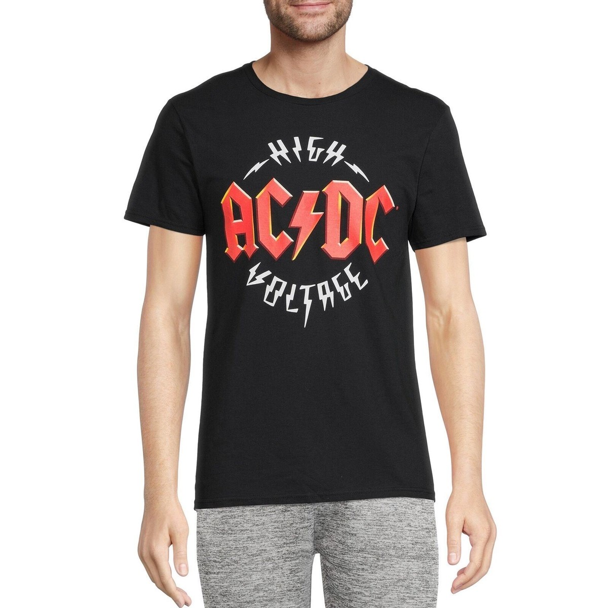 AC/DC Mens Band T-Shirt High Voltage w Logo Black Crew Neck Tee