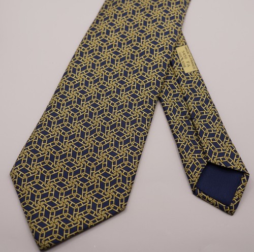 Corbata de seda vintage Hermes Paris estampada azul marino Savile Row clásica - Imagen 3 de 8